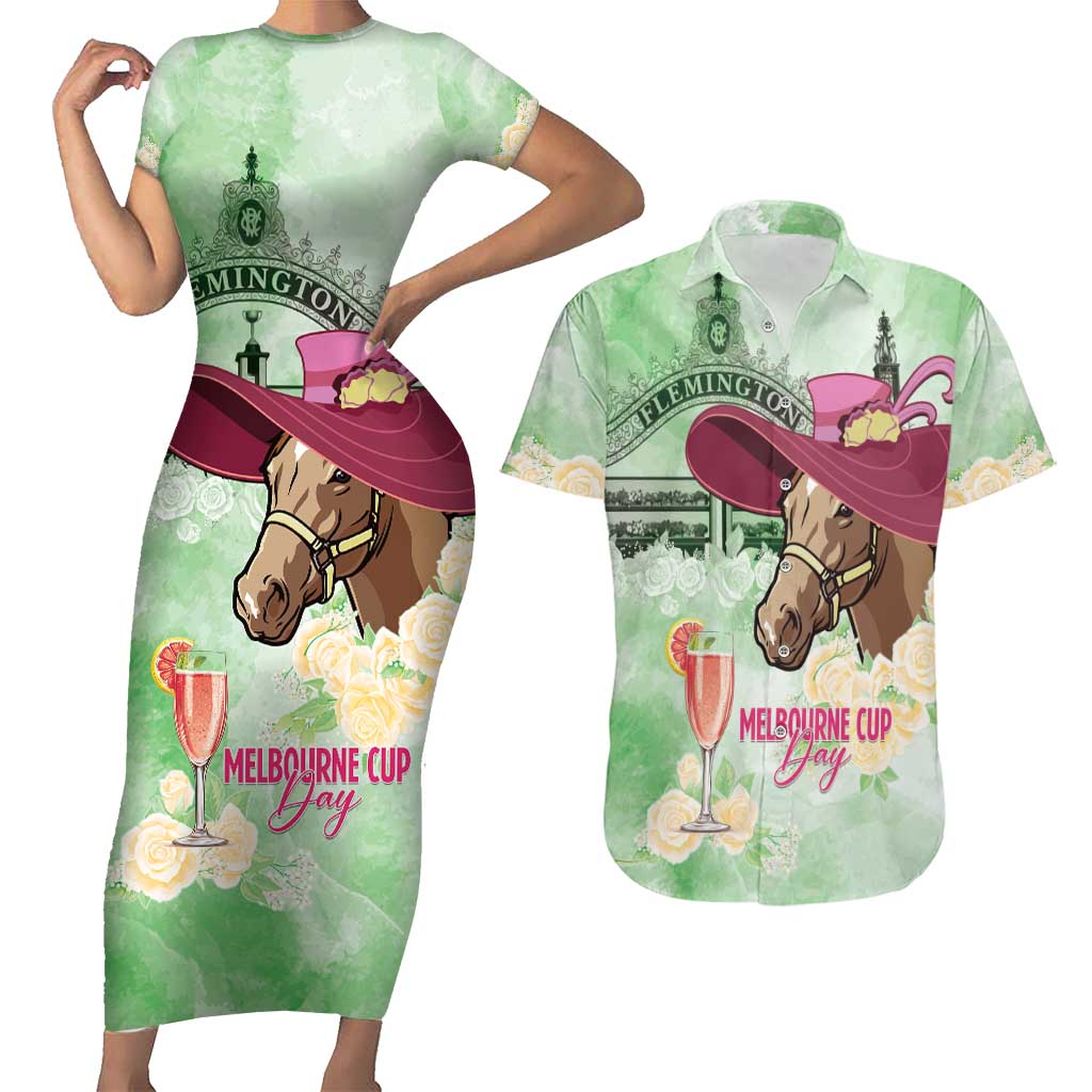 Australia Cup Melbourne Horse Racing Couples Matching Short Sleeve Bodycon Dress and Hawaiian Shirt Hats Heels & Horseshoes Yellow Roses - Aussie Hoodie