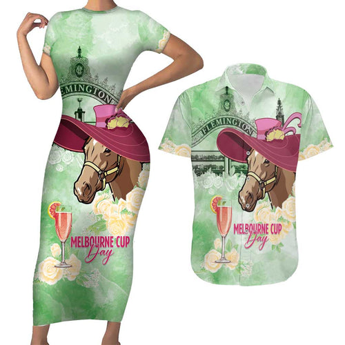 Australia Cup Melbourne Horse Racing Couples Matching Short Sleeve Bodycon Dress and Hawaiian Shirt Hats Heels & Horseshoes Yellow Roses - Aussie Hoodie
