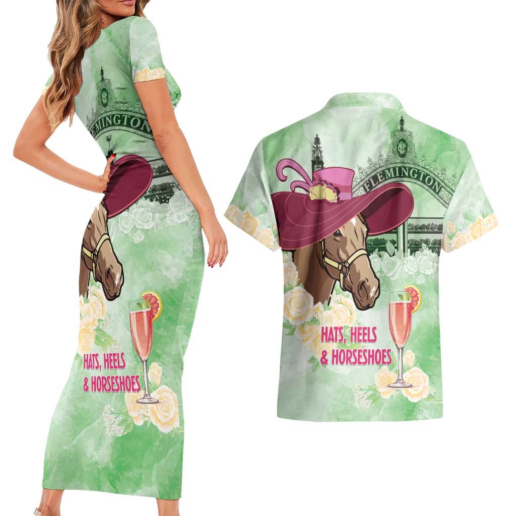 Australia Cup Melbourne Horse Racing Couples Matching Short Sleeve Bodycon Dress and Hawaiian Shirt Hats Heels & Horseshoes Yellow Roses - Aussie Hoodie
