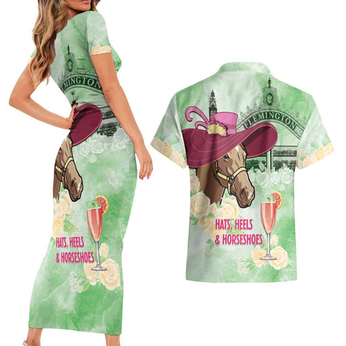 Australia Cup Melbourne Horse Racing Couples Matching Short Sleeve Bodycon Dress and Hawaiian Shirt Hats Heels & Horseshoes Yellow Roses - Aussie Hoodie