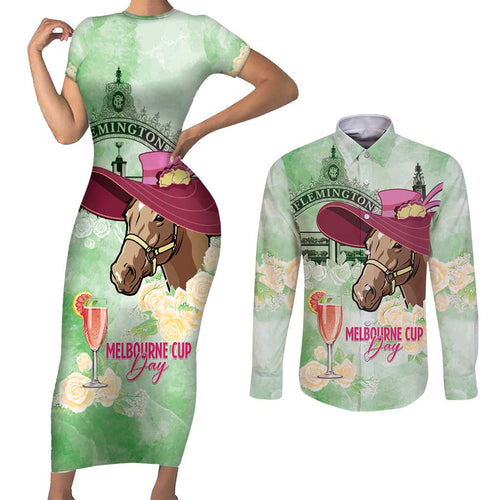 Australia Cup Melbourne Horse Racing Couples Matching Short Sleeve Bodycon Dress and Long Sleeve Button Shirt Hats Heels & Horseshoes Yellow Roses - Aussie Hoodie