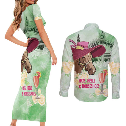 Australia Cup Melbourne Horse Racing Couples Matching Short Sleeve Bodycon Dress and Long Sleeve Button Shirt Hats Heels & Horseshoes Yellow Roses - Aussie Hoodie