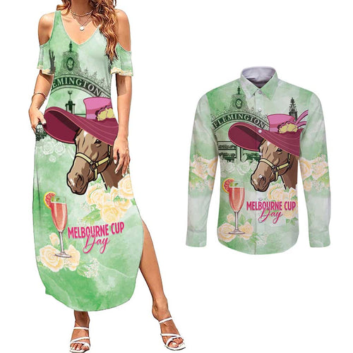 Australia Cup Melbourne Horse Racing Couples Matching Summer Maxi Dress and Long Sleeve Button Shirt Hats Heels & Horseshoes Yellow Roses - Aussie Hoodie