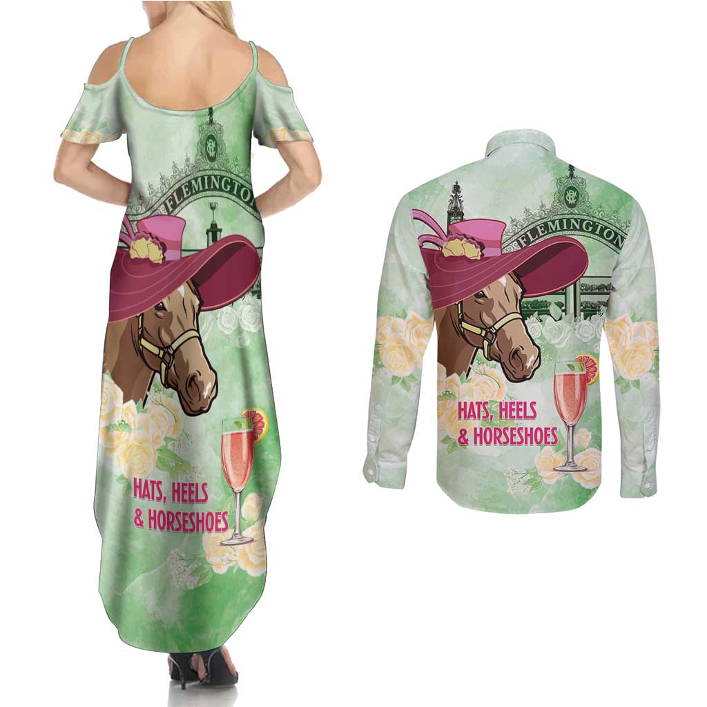 Australia Cup Melbourne Horse Racing Couples Matching Summer Maxi Dress and Long Sleeve Button Shirt Hats Heels & Horseshoes Yellow Roses - Aussie Hoodie
