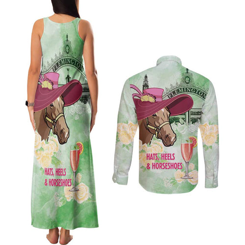 Australia Cup Melbourne Horse Racing Couples Matching Tank Maxi Dress and Long Sleeve Button Shirt Hats Heels & Horseshoes Yellow Roses - Aussie Hoodie