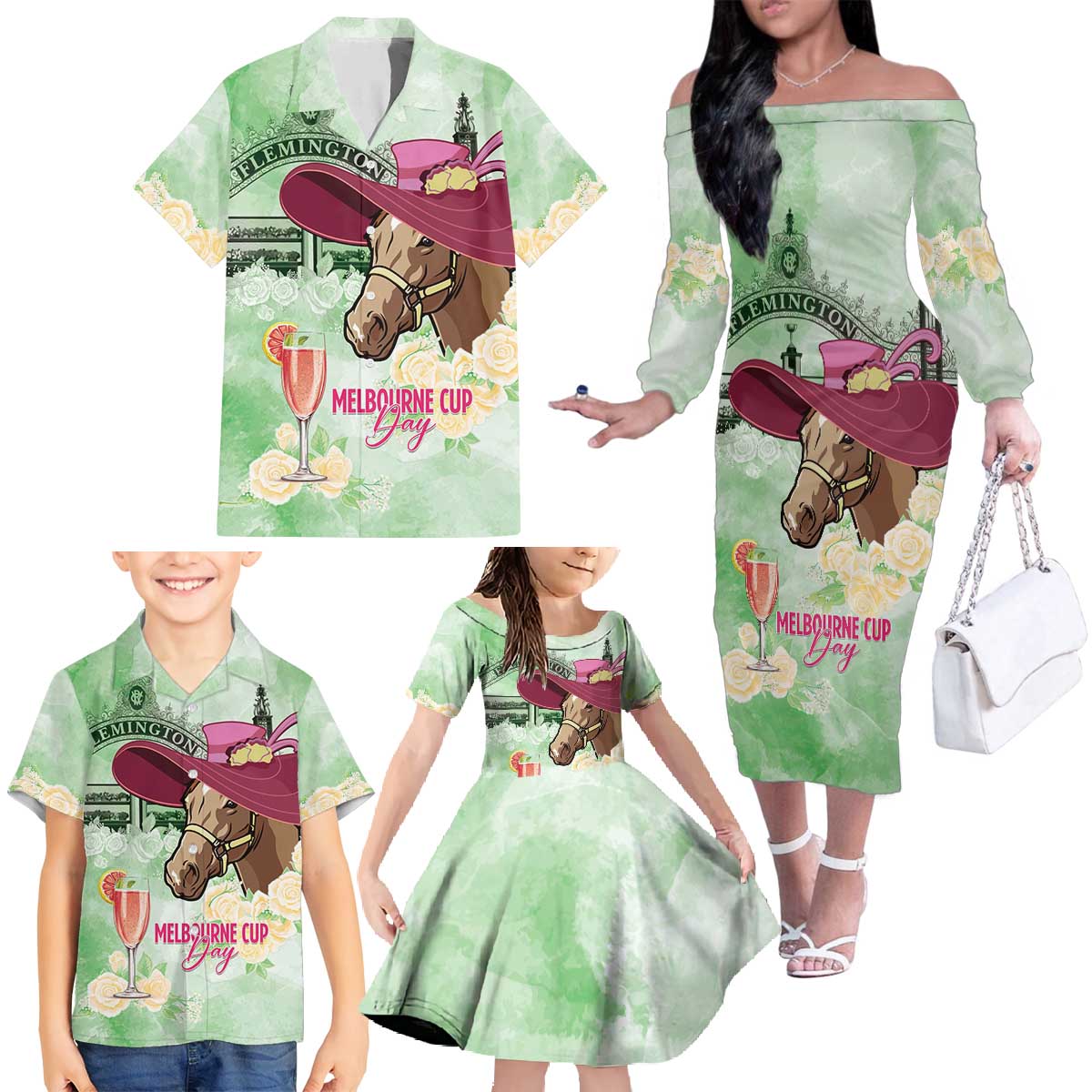 Australia Cup Melbourne Horse Racing Family Matching Off The Shoulder Long Sleeve Dress and Hawaiian Shirt Hats Heels & Horseshoes Yellow Roses - Aussie Hoodie