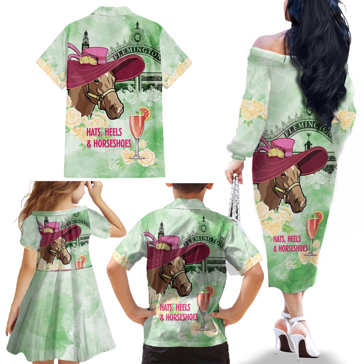 Australia Cup Melbourne Horse Racing Family Matching Off The Shoulder Long Sleeve Dress and Hawaiian Shirt Hats Heels & Horseshoes Yellow Roses - Aussie Hoodie