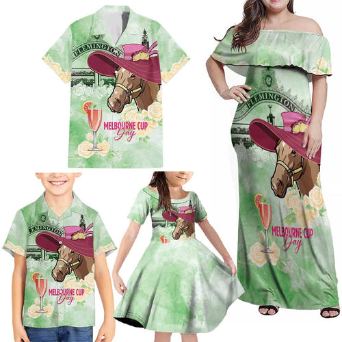 Australia Cup Melbourne Horse Racing Family Matching Off Shoulder Maxi Dress and Hawaiian Shirt Hats Heels & Horseshoes Yellow Roses - Aussie Hoodie