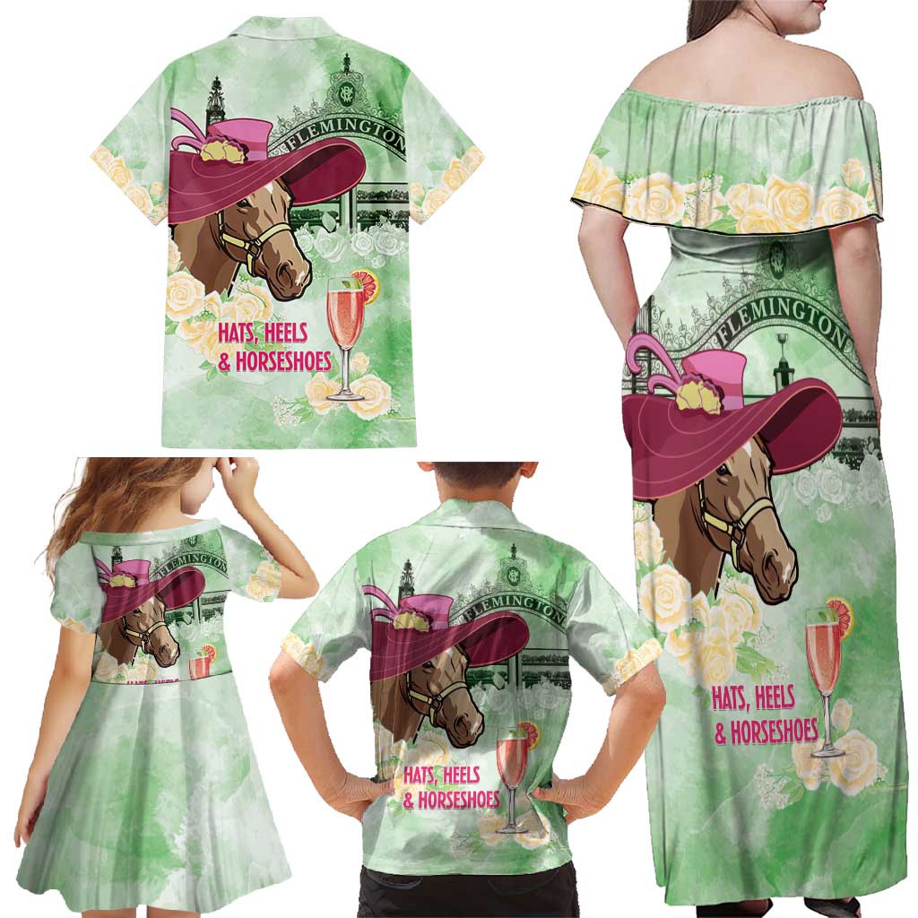 Australia Cup Melbourne Horse Racing Family Matching Off Shoulder Maxi Dress and Hawaiian Shirt Hats Heels & Horseshoes Yellow Roses - Aussie Hoodie