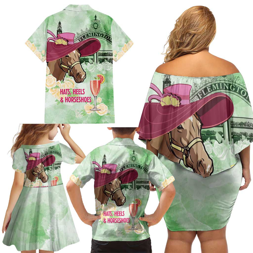 Australia Cup Melbourne Horse Racing Family Matching Off Shoulder Short Dress and Hawaiian Shirt Hats Heels & Horseshoes Yellow Roses - Aussie Hoodie