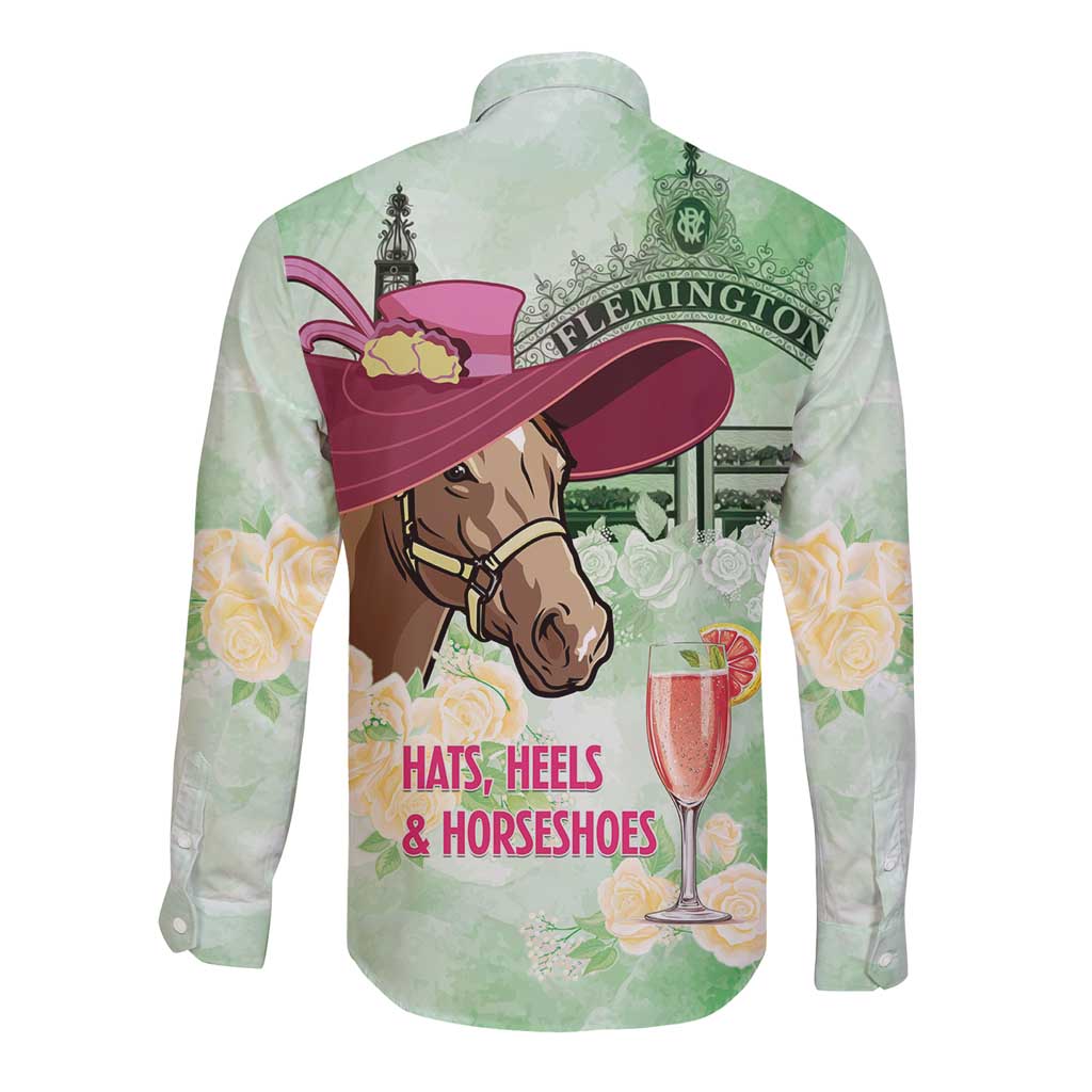 Australia Cup Melbourne Horse Racing Long Sleeve Button Shirt Hats Heels & Horseshoes Yellow Roses - Aussie Hoodie