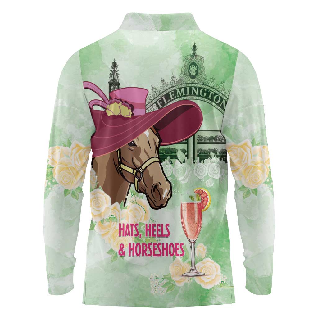 Australia Cup Melbourne Horse Racing Long Sleeve Polo Shirt Hats Heels & Horseshoes Yellow Roses - Aussie Hoodie