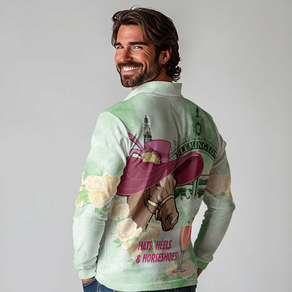 Australia Cup Melbourne Horse Racing Long Sleeve Polo Shirt Hats Heels & Horseshoes Yellow Roses - Aussie Hoodie