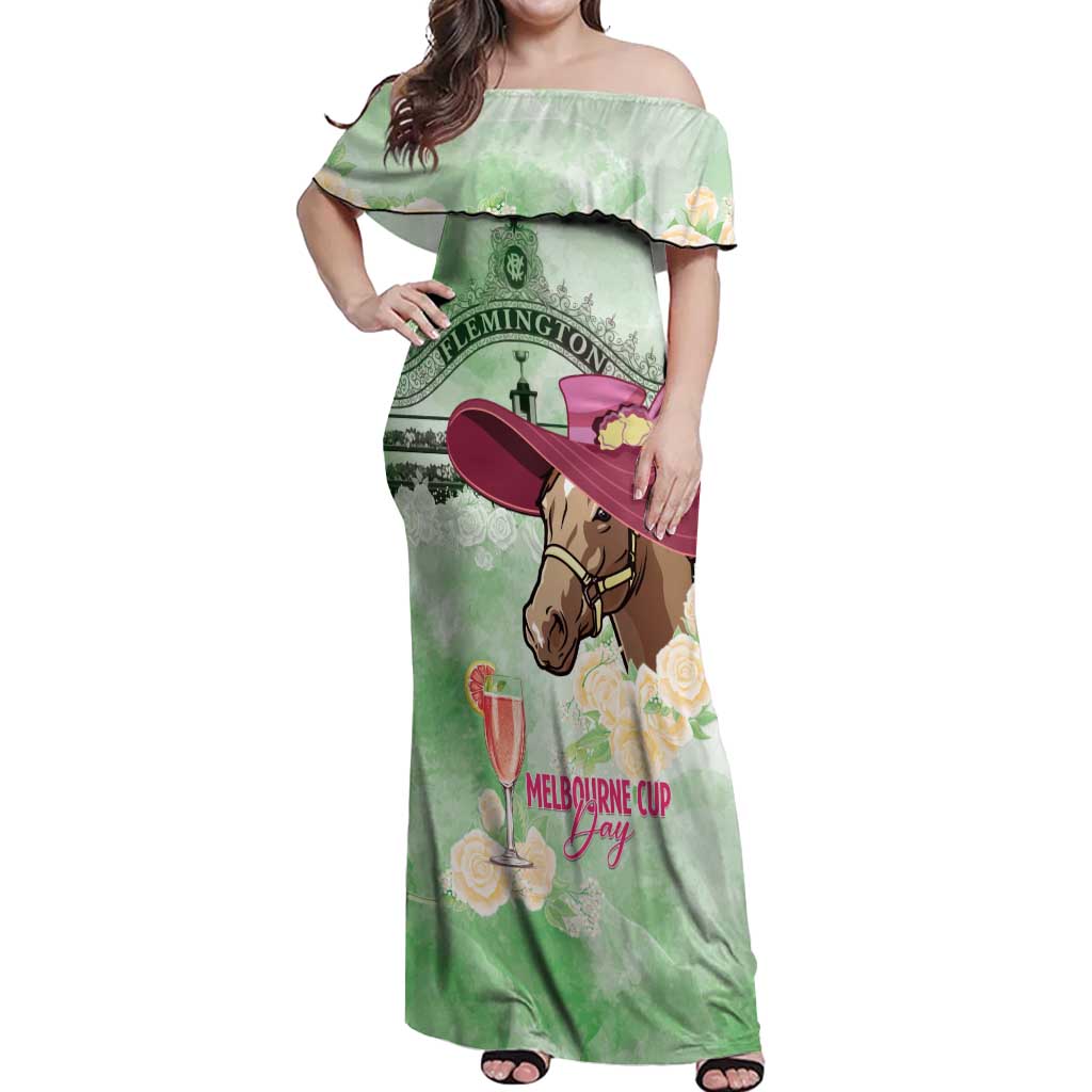 Australia Cup Melbourne Horse Racing Off Shoulder Maxi Dress Hats Heels & Horseshoes Yellow Roses - Aussie Hoodie