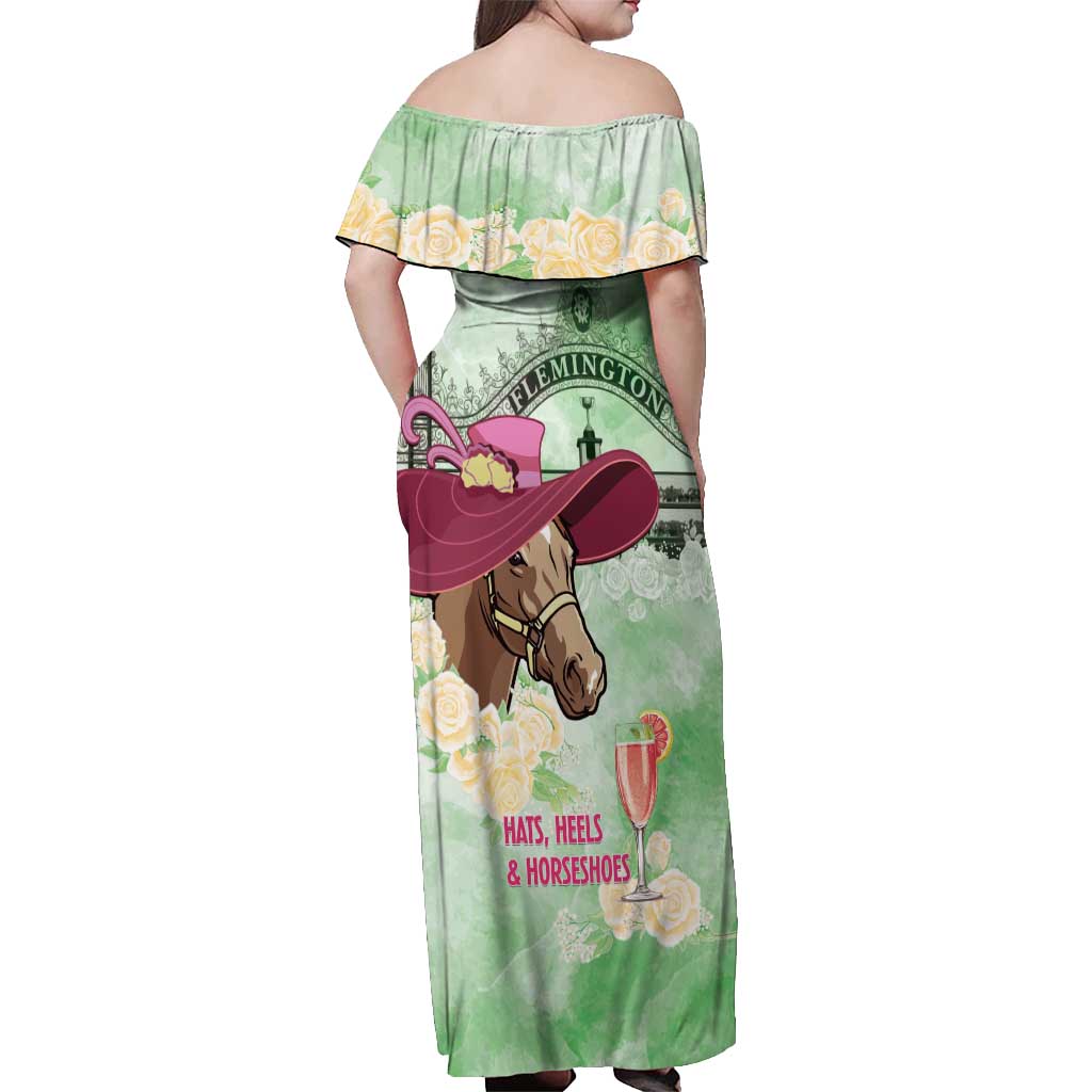 Australia Cup Melbourne Horse Racing Off Shoulder Maxi Dress Hats Heels & Horseshoes Yellow Roses - Aussie Hoodie