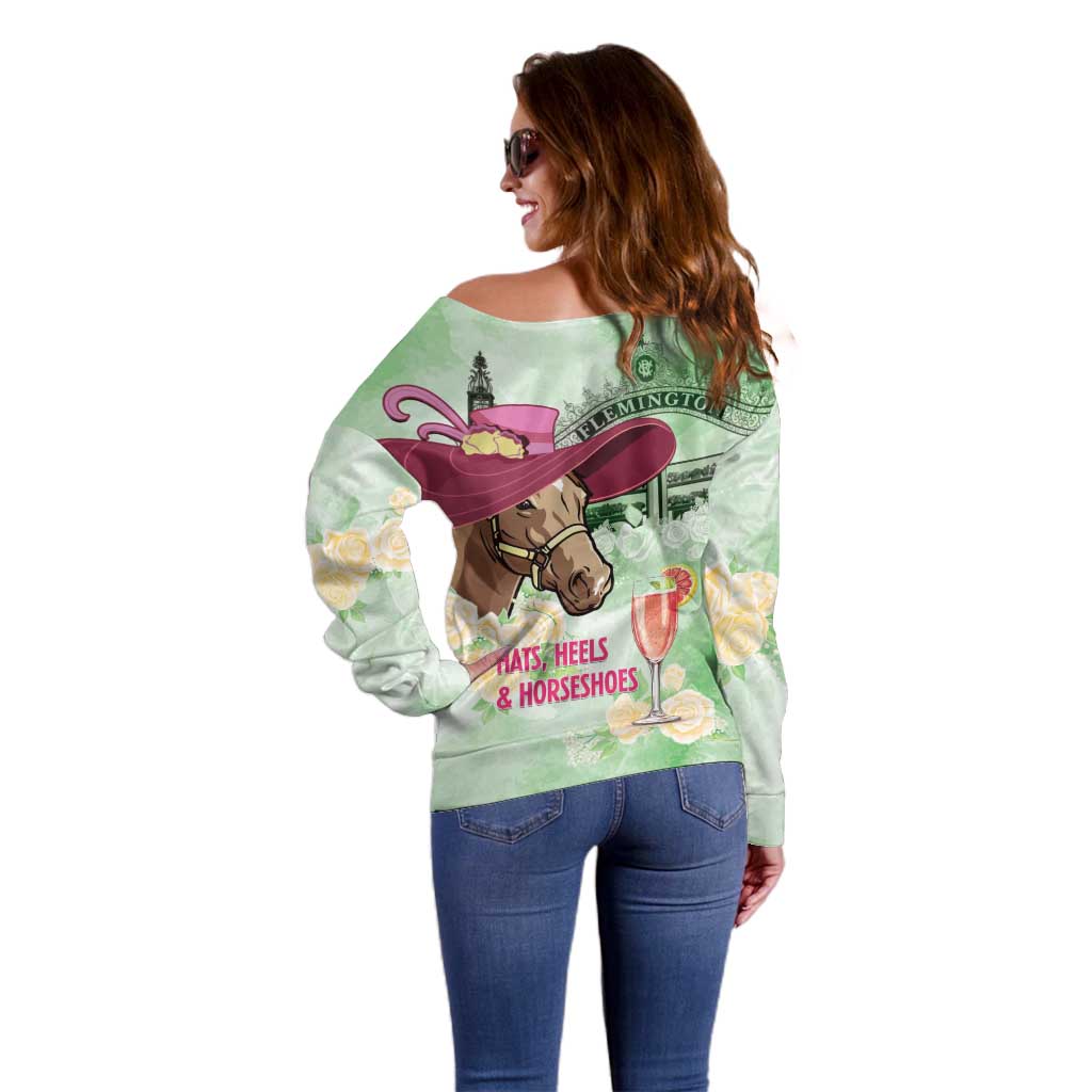 Australia Cup Melbourne Horse Racing Off Shoulder Sweater Hats Heels & Horseshoes Yellow Roses - Aussie Hoodie