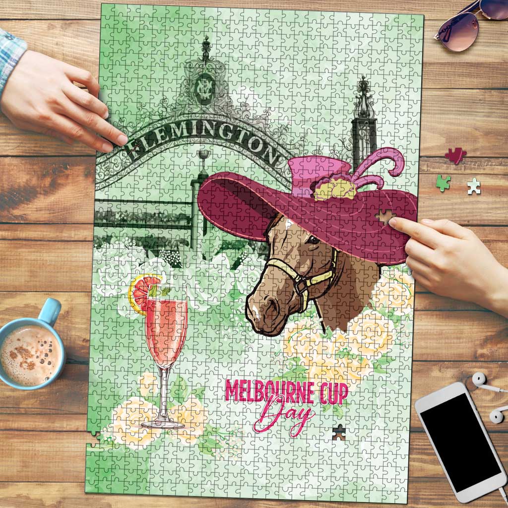 Australia Cup Melbourne Horse Racing Puzzle Hats Heels & Horseshoes Yellow Roses - Aussie Hoodie