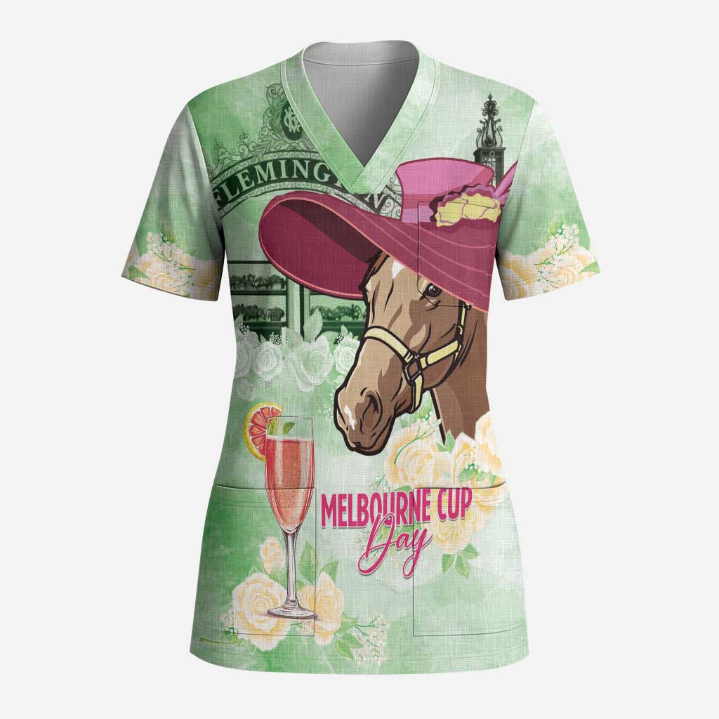 Australia Cup Melbourne Horse Racing Scrub Top Hats Heels & Horseshoes Yellow Roses - Aussie Hoodie