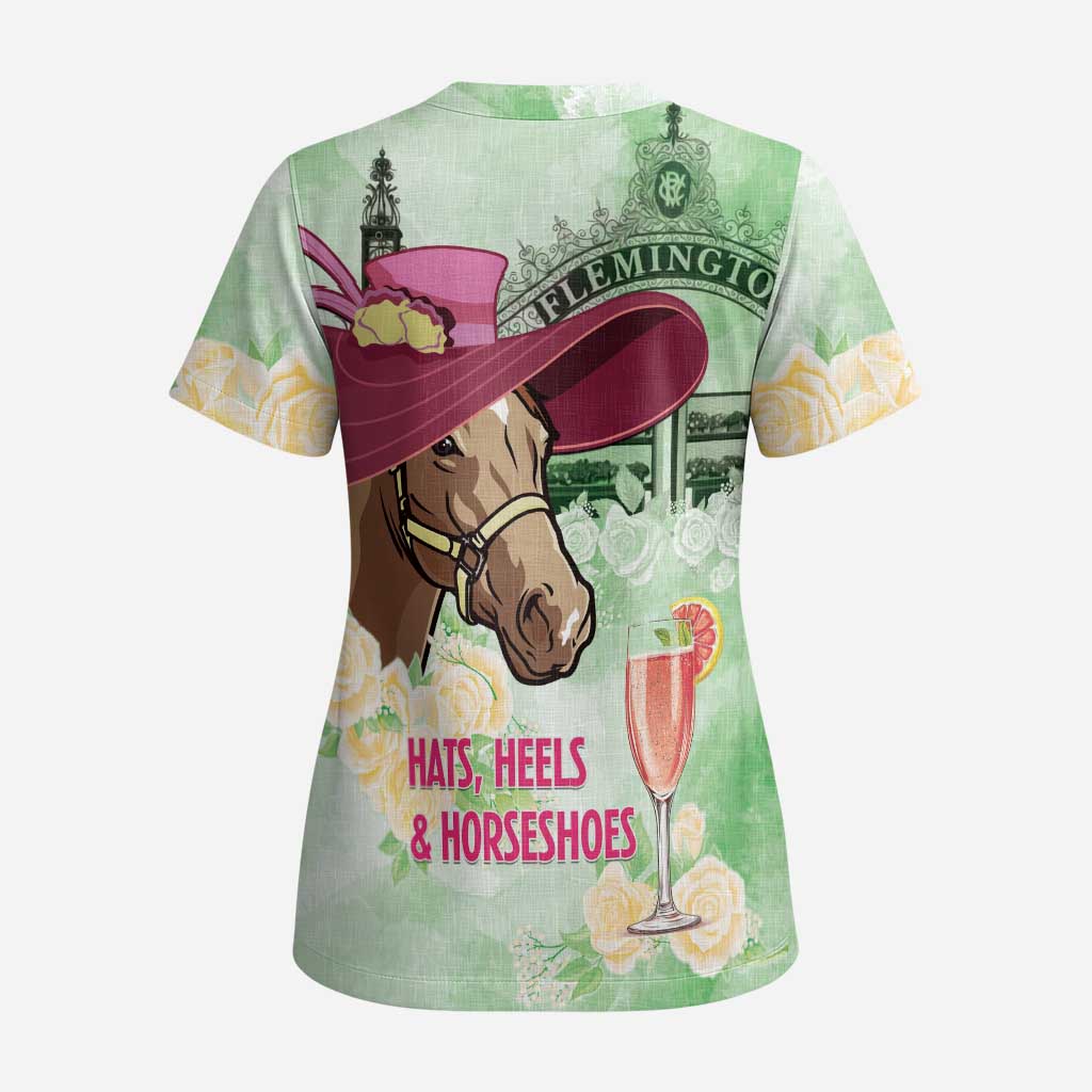 Australia Cup Melbourne Horse Racing Scrub Top Hats Heels & Horseshoes Yellow Roses - Aussie Hoodie