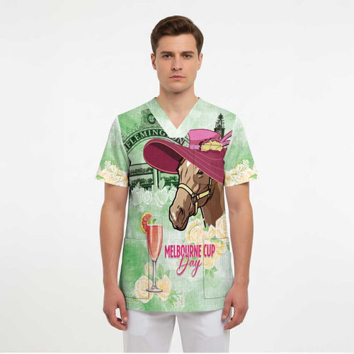 Australia Cup Melbourne Horse Racing Scrub Top Hats Heels & Horseshoes Yellow Roses - Aussie Hoodie