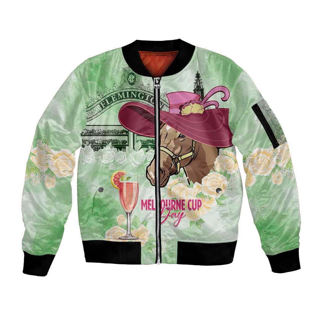Australia Cup Melbourne Horse Racing Sleeve Zip Bomber Jacket Hats Heels & Horseshoes Yellow Roses - Aussie Hoodie