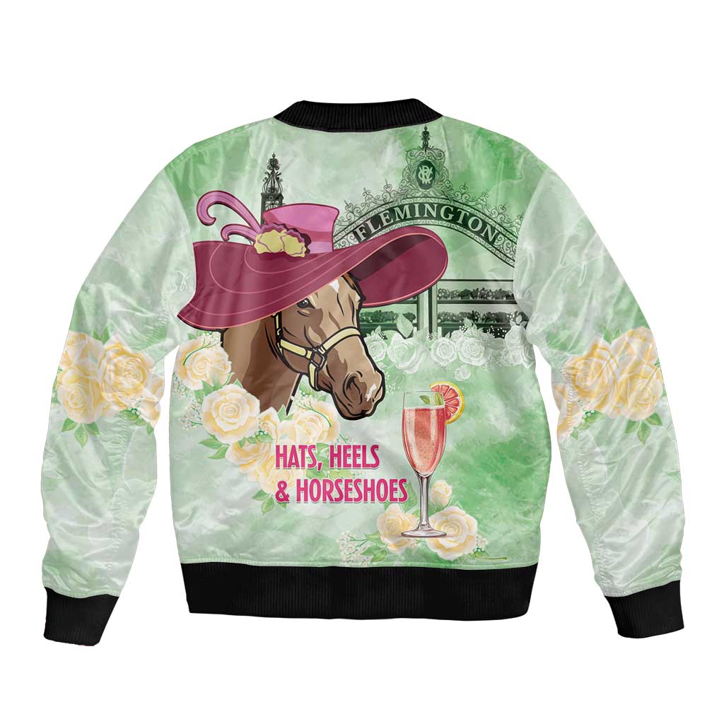Australia Cup Melbourne Horse Racing Sleeve Zip Bomber Jacket Hats Heels & Horseshoes Yellow Roses - Aussie Hoodie