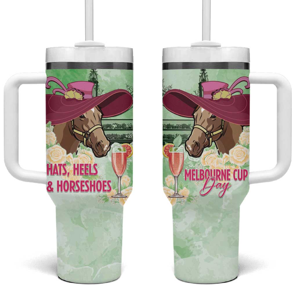 Australia Cup Melbourne Horse Racing Tumbler With Handle Hats Heels & Horseshoes Yellow Roses - Aussie Hoodie