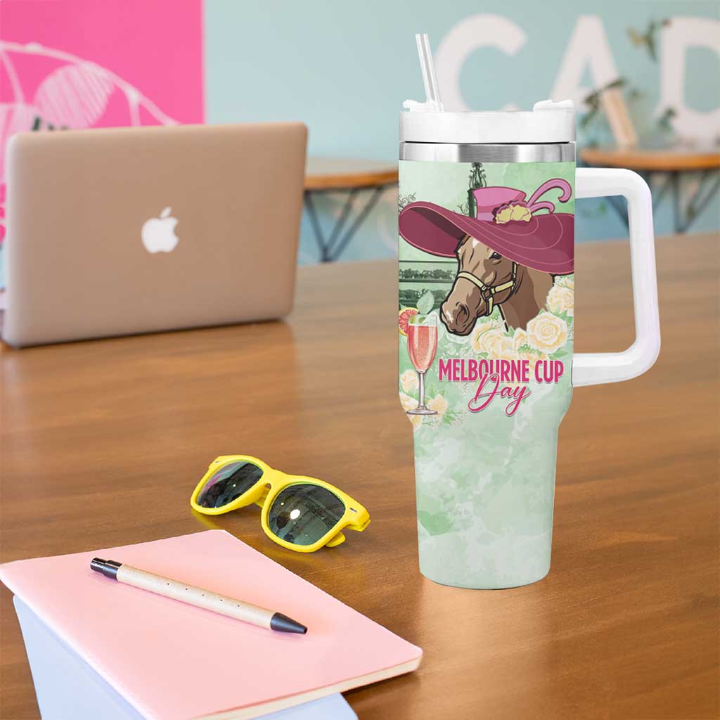 Australia Cup Melbourne Horse Racing Tumbler With Handle Hats Heels & Horseshoes Yellow Roses - Aussie Hoodie