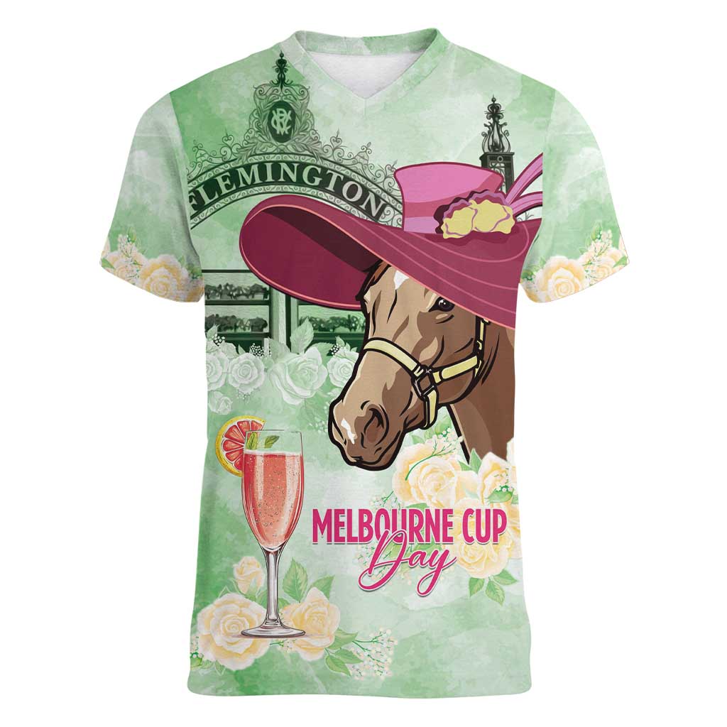 Australia Cup Melbourne Horse Racing Women V-Neck T-Shirt Hats Heels & Horseshoes Yellow Roses - Aussie Hoodie
