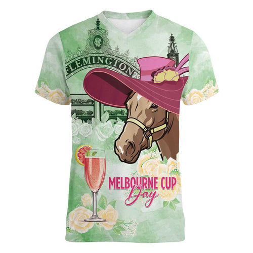 Australia Cup Melbourne Horse Racing Women V-Neck T-Shirt Hats Heels & Horseshoes Yellow Roses - Aussie Hoodie