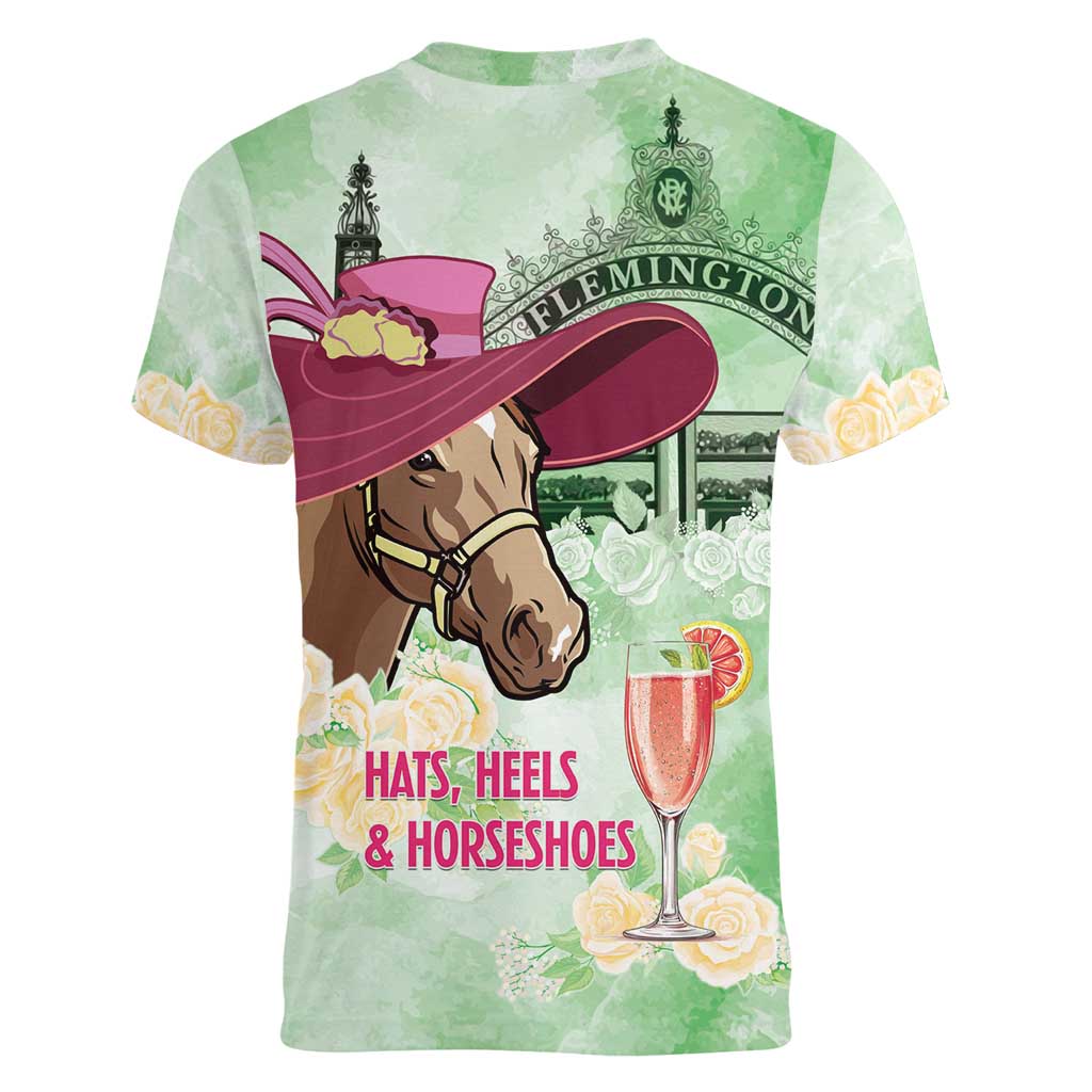 Australia Cup Melbourne Horse Racing Women V-Neck T-Shirt Hats Heels & Horseshoes Yellow Roses - Aussie Hoodie