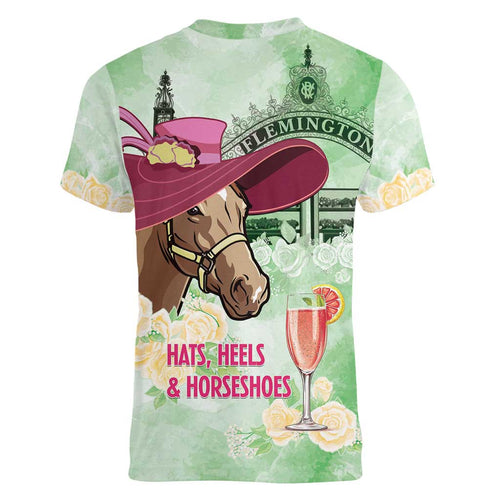 Australia Cup Melbourne Horse Racing Women V-Neck T-Shirt Hats Heels & Horseshoes Yellow Roses - Aussie Hoodie