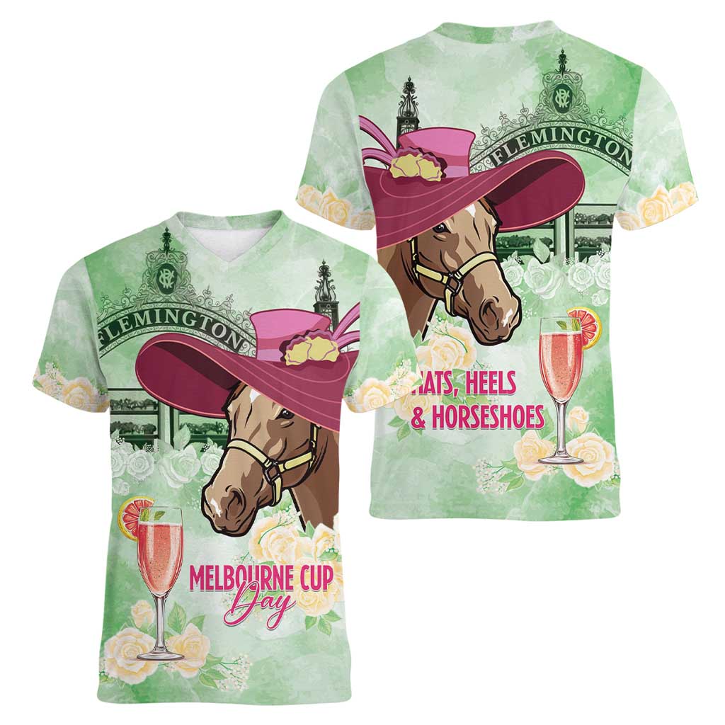 Australia Cup Melbourne Horse Racing Women V-Neck T-Shirt Hats Heels & Horseshoes Yellow Roses - Aussie Hoodie