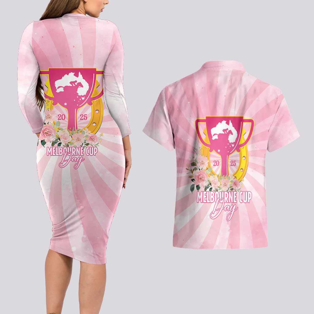 Australia Cup Melbourne Horse Racing Couples Matching Long Sleeve Bodycon Dress and Hawaiian Shirt 2025 Champion Trophy With Horseshoe - Aussie Hoodie
