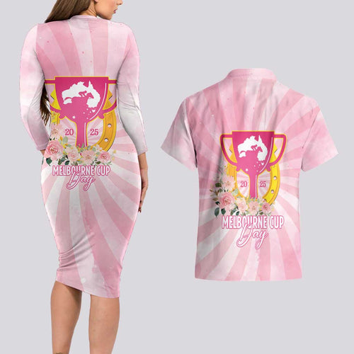 Australia Cup Melbourne Horse Racing Couples Matching Long Sleeve Bodycon Dress and Hawaiian Shirt 2025 Champion Trophy With Horseshoe - Aussie Hoodie