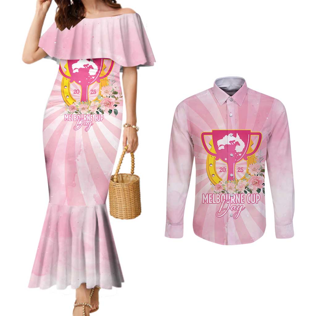 Australia Cup Melbourne Horse Racing Couples Matching Mermaid Dress and Long Sleeve Button Shirt 2025 Champion Trophy With Horseshoe - Aussie Hoodie