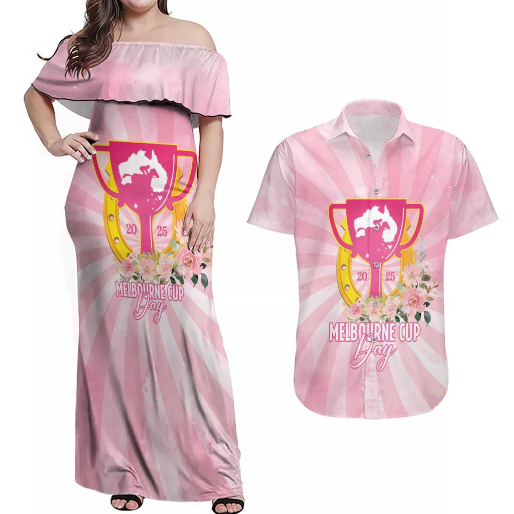 Australia Cup Melbourne Horse Racing Couples Matching Off Shoulder Maxi Dress and Hawaiian Shirt 2025 Champion Trophy With Horseshoe - Aussie Hoodie