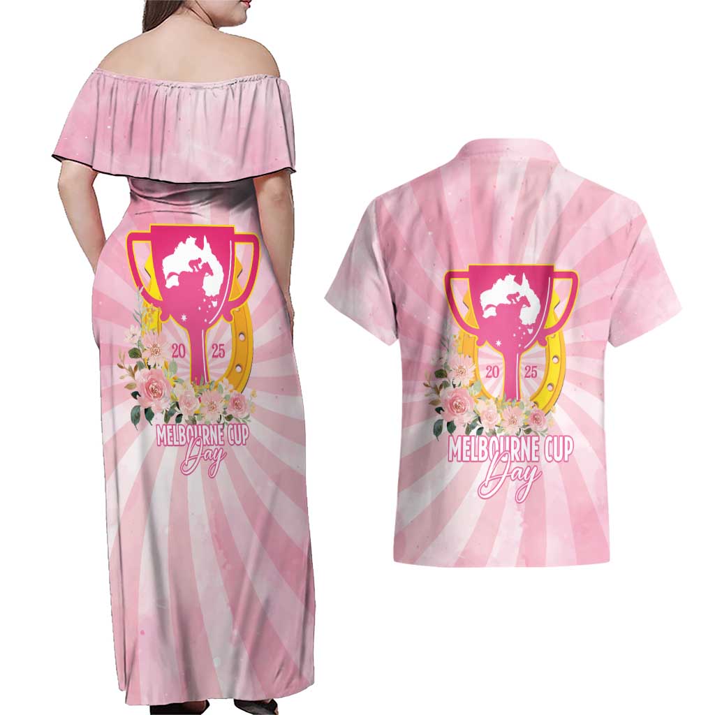 Australia Cup Melbourne Horse Racing Couples Matching Off Shoulder Maxi Dress and Hawaiian Shirt 2025 Champion Trophy With Horseshoe - Aussie Hoodie