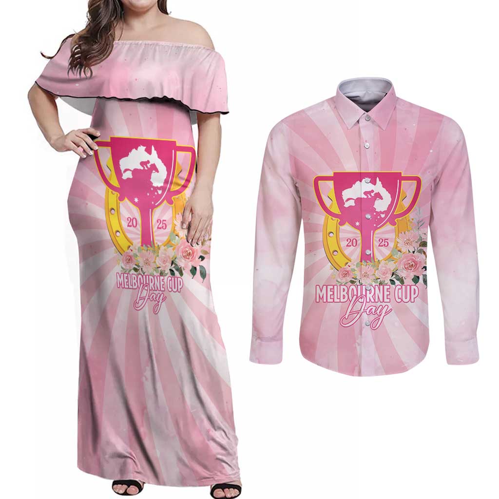 Australia Cup Melbourne Horse Racing Couples Matching Off Shoulder Maxi Dress and Long Sleeve Button Shirt 2025 Champion Trophy With Horseshoe - Aussie Hoodie