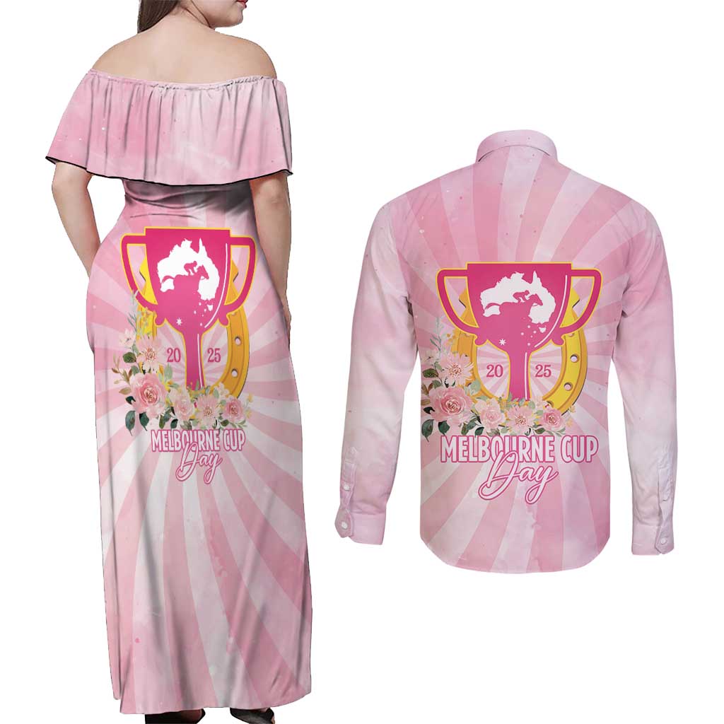 Australia Cup Melbourne Horse Racing Couples Matching Off Shoulder Maxi Dress and Long Sleeve Button Shirt 2025 Champion Trophy With Horseshoe - Aussie Hoodie