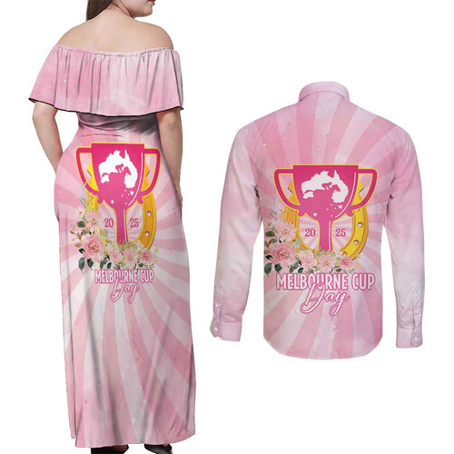 Australia Cup Melbourne Horse Racing Couples Matching Off Shoulder Maxi Dress and Long Sleeve Button Shirt 2025 Champion Trophy With Horseshoe - Aussie Hoodie
