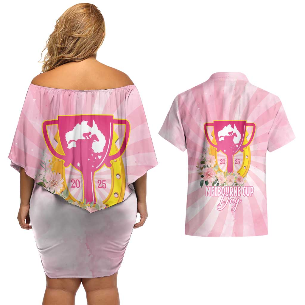 Australia Cup Melbourne Horse Racing Couples Matching Off Shoulder Short Dress and Hawaiian Shirt 2025 Champion Trophy With Horseshoe - Aussie Hoodie