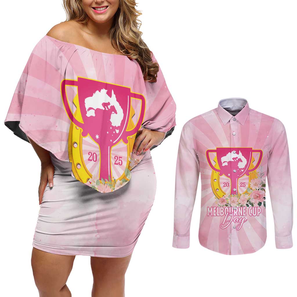 Australia Cup Melbourne Horse Racing Couples Matching Off Shoulder Short Dress and Long Sleeve Button Shirt 2025 Champion Trophy With Horseshoe - Aussie Hoodie