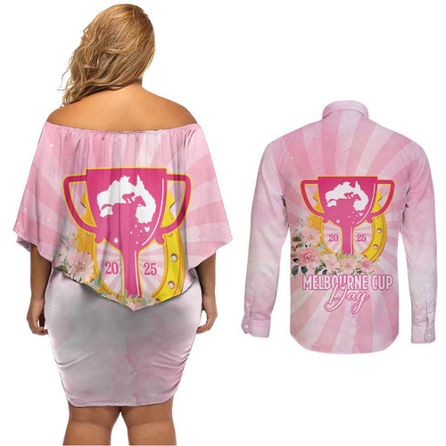 Australia Cup Melbourne Horse Racing Couples Matching Off Shoulder Short Dress and Long Sleeve Button Shirt 2025 Champion Trophy With Horseshoe - Aussie Hoodie
