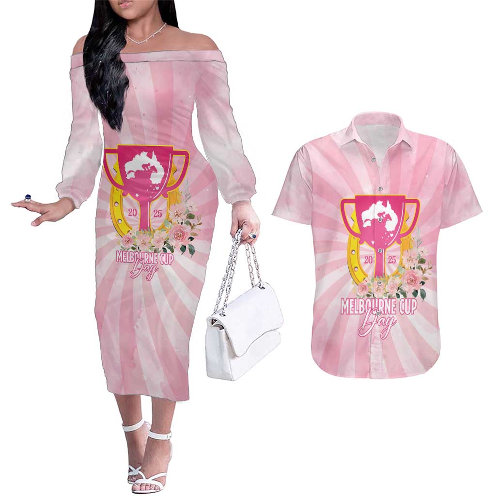 Australia Cup Melbourne Horse Racing Couples Matching Off The Shoulder Long Sleeve Dress and Hawaiian Shirt 2025 Champion Trophy With Horseshoe - Aussie Hoodie