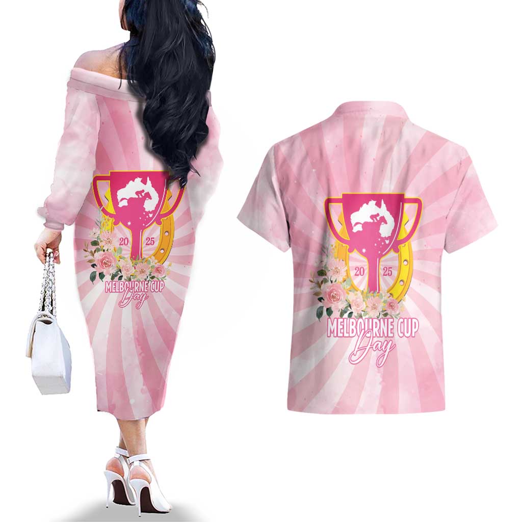 Australia Cup Melbourne Horse Racing Couples Matching Off The Shoulder Long Sleeve Dress and Hawaiian Shirt 2025 Champion Trophy With Horseshoe - Aussie Hoodie