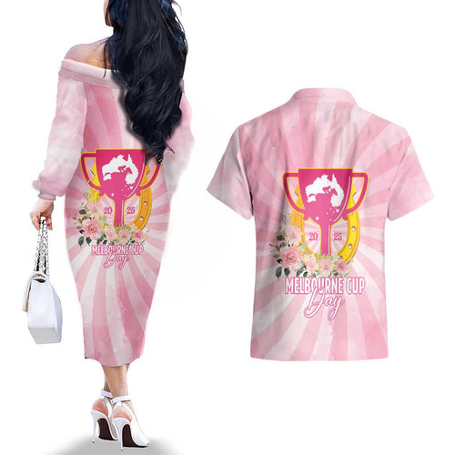 Australia Cup Melbourne Horse Racing Couples Matching Off The Shoulder Long Sleeve Dress and Hawaiian Shirt 2025 Champion Trophy With Horseshoe - Aussie Hoodie