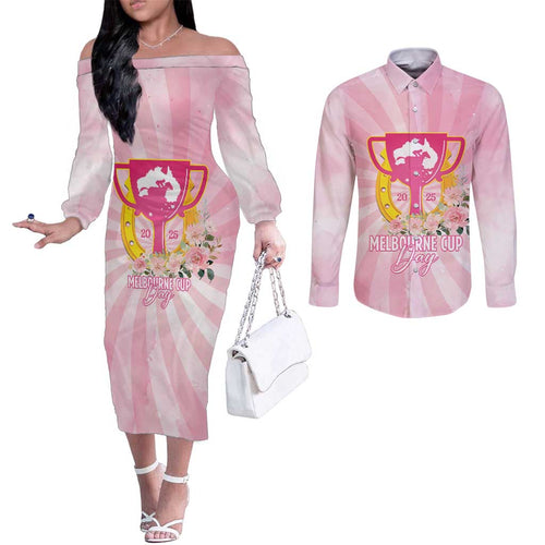 Australia Cup Melbourne Horse Racing Couples Matching Off The Shoulder Long Sleeve Dress and Long Sleeve Button Shirt 2025 Champion Trophy With Horseshoe - Aussie Hoodie