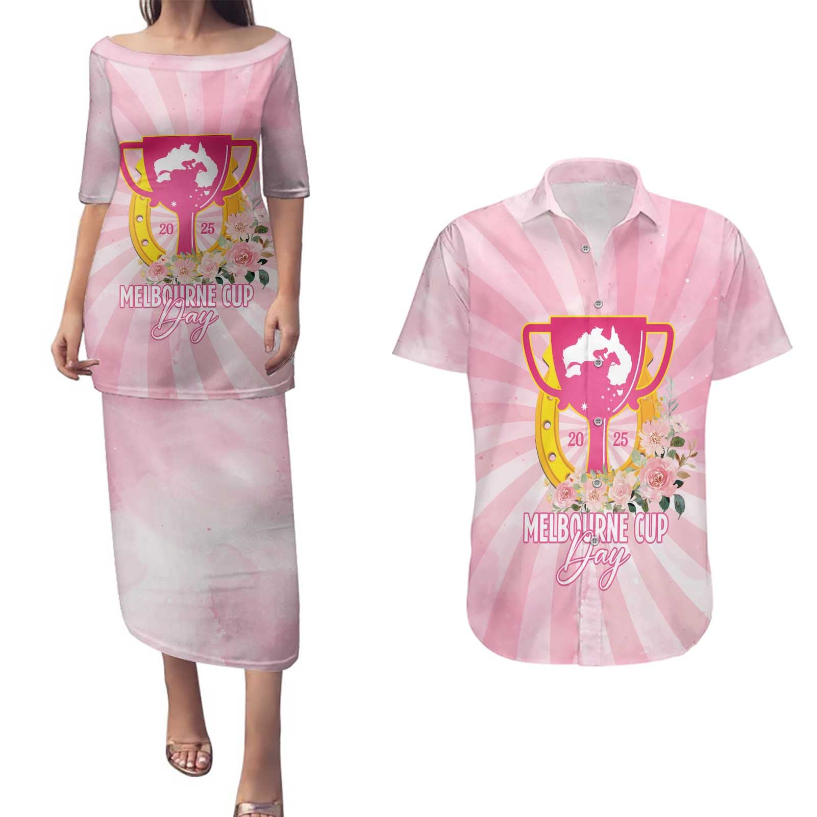 Australia Cup Melbourne Horse Racing Couples Matching Puletasi and Hawaiian Shirt 2025 Champion Trophy With Horseshoe - Aussie Hoodie