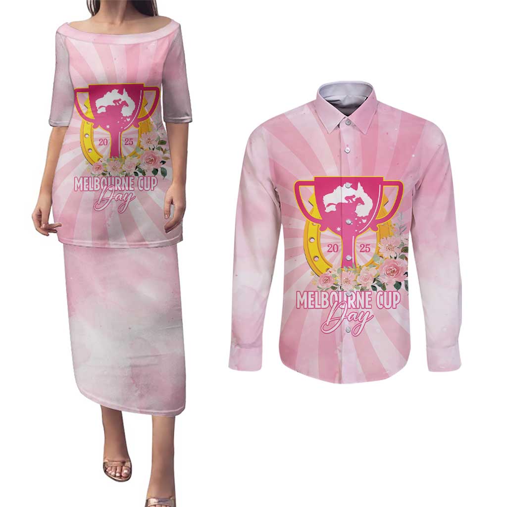 Australia Cup Melbourne Horse Racing Couples Matching Puletasi and Long Sleeve Button Shirt 2025 Champion Trophy With Horseshoe - Aussie Hoodie